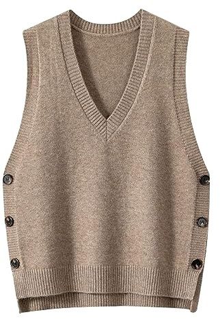 QWUVEDS Gilet/pull tricoté pour femmes, sans manches, style rétro, avec col en V, décontracté, parfait pour le printemps et l'automne, couleur unie, beige, kaki, taille unique