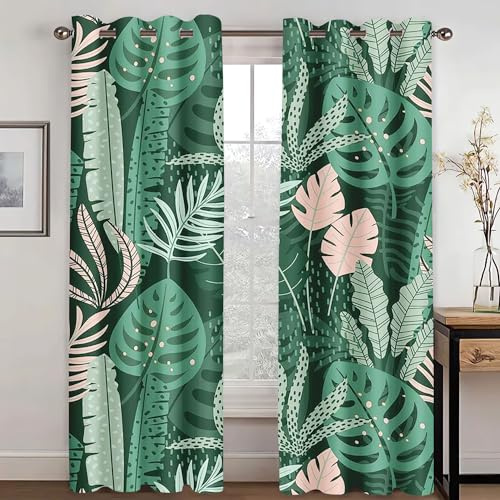 WEQEER Palmblatt Vorhänge Blickdicht grüne Pflanzen Verdunkelungsvorhang Tropen Pflanzen Fenstervorhang Für Schlafzimmer Kinderzimmer, 2 Panels (9,220x215cm(2x110x215cm))