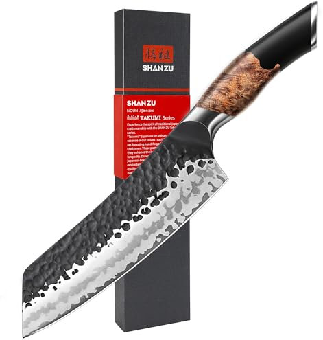 SHAN ZU Japanisches Santokumesser, 20 cm Handgeschmiedetes 7 Schichten Hochwertigem Carbon Stahl Scharf Kochmesser mit Ahornholzgriff, Profi Messer Gyuto Fleischmesser