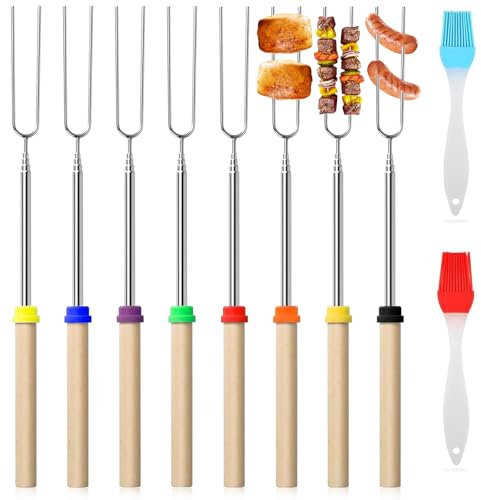 8 Stück Grillspieße Teleskop Marshmallow,Edelstahl Marshmallow BBQ,Lagerfeuer Camping Sticks,Spieße Ausziehbar,Hot Dog Gabeln,für Gartenparty,Grillbesteck Set für Camping Grill.