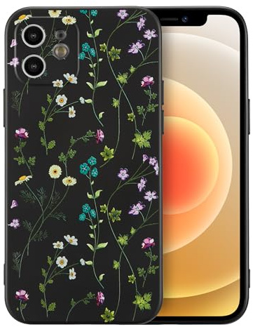 RALEAVO Hülle für iPhone 12, Süß Blumen Silikon Weich Schutzhülle, Schwarz | Blumen Hülle für iPhone 12, Flüssig Silikon Stoßfeste Schutzhülle Niedlich Dünn mit Microfiber Matt Hülle