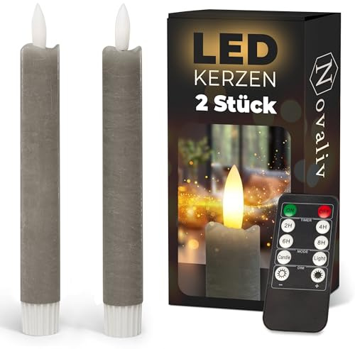 Novaliv Stabkerzen LED mit Timer TAUPE GRAU 2er indoor mit Timer Funktion 6 Stunden ECHTWACHS 18cm Höhe für Kerzen 2,2cm Durchmesser 2 AAA Batterien LED Stabkerzen flackernde Flamme bewegliche Flamme