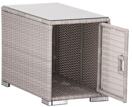 Calma Lux® Couchtisch Beistelltisch Gartentisch Teetisch Tisch Gartenmöbel Kaffeetisch Balkontisch Terrasse Abstelltisch mit Stauraum und Glassplatte 75x40x50cm Poly Rattan Glas (Beige)