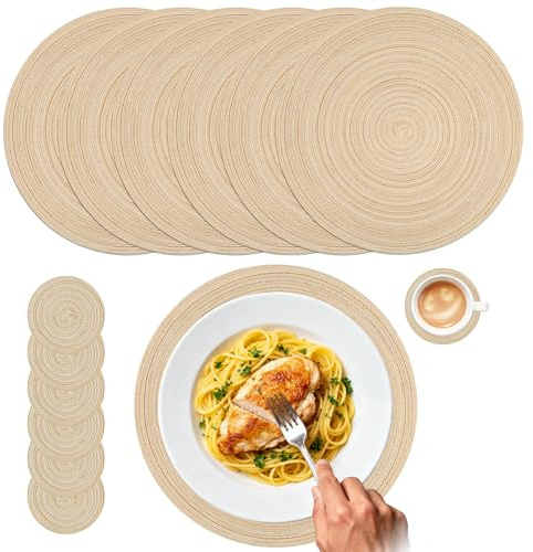 6er Set Runde Tischsets aus Baumwolle (34 cm) mit Untersetzer - Geflochtene, Abwaschbare Platzsets - Hitzebeständig & Schmutzabweisend - Ideal für Küche, Esszimmer, Weihnachten, Feste, Tischdeko