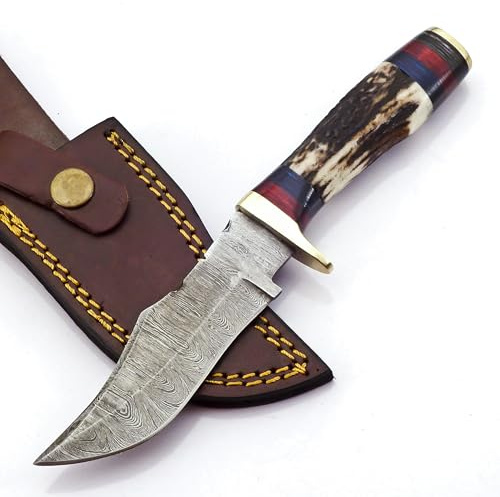 BLAYDZ Damascus Steel Deer Hunting Knife with Clip Point Stag Horn Handle - 8 Overall Length Hunting Knife with Clip Point blade with Leather Sheath (9060)