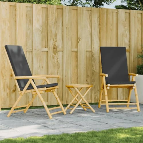 Lauuoeriau Outdoor-Möbel-Set, 3-teiliges faltbares Bistro-Set mit dunkelgrauen Kissen, Bambus