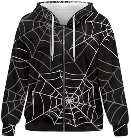 Chririnla Kapuzenpullover mit Reißverschluss für Damen, lässig, übergroß, Sweatshirt, Kordelzug, leichte Jacke, athletisches Oberteil, Schwarzes Spinnennetz, XS