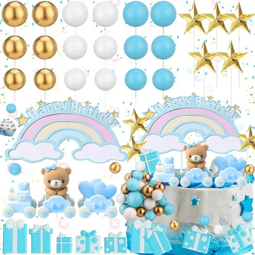 dcas 32 Stück luxuriöse Tortendekoration Bär, Kuchendekoration Teddybär Wolke Sterne, Teddybär Zug Kuchen Dekoration, Tortendekoration Bär Hellblau Party Geburtstag Baby Shower Hochzeit