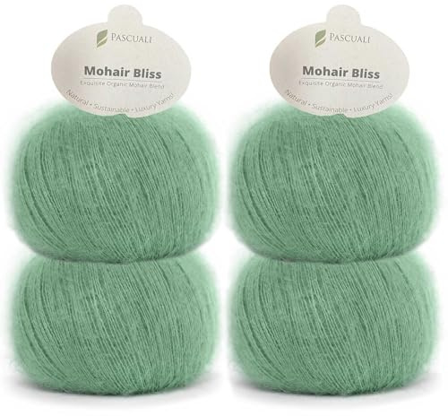 PASCUALI | Mohair Bliss |Strickwolle aus 60% Mohairwolle (Kid Mohair) 40% Seide Wolle Mohairgarn zum Stricken und Häkeln, SET: 4 Knäuel - 100g - Farbe:Agave 805