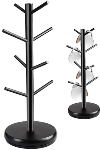 Lnhgh Kaffeetassenbaum, Tassenständer | 360° drehbarer Kaffeetassenbaum mit 8 Haken | Kaffeetheken-Bar-Multifunktions-Präsentationsständer, dickerer Sockel, schwarzer Holzbecher-Organizer für Café,