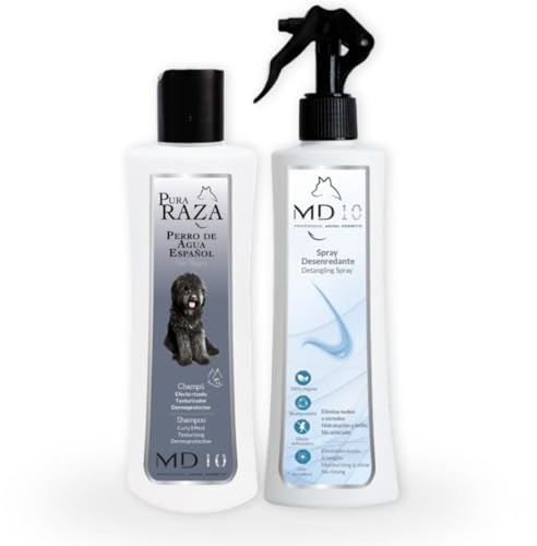 Pack Rutina Limpieza - Champú para Perro de Agua Español Negro 300ml + Spray Desenredante e Hidratante para Perros sin Aclarado 300ml - Rutina Higiene Completa para Perro de Agua - MD10 Collection