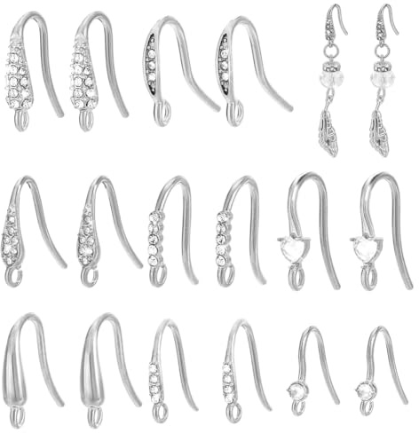 PH PandaHall 16pz Ganci per Orecchini in Zirconia Cubica Fili per Orecchini Francesi Argento, 8 Stili Gancio per Orecchini in 304 Acciaio Inossidabile con Anello per Realizzazione di Orecchini