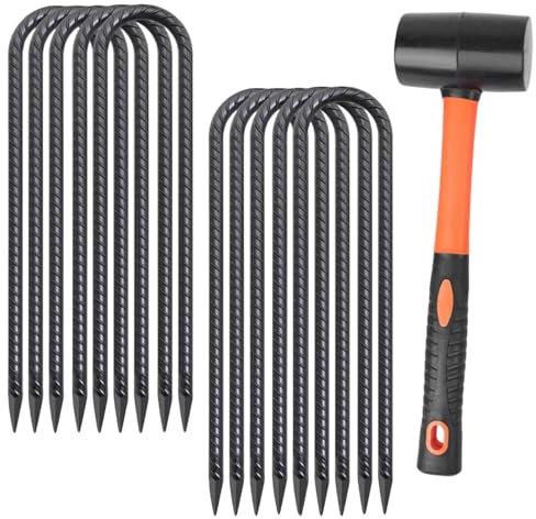 10PCS Rebar Stakes with Hammer, 10Inch Black Heavy Duty Galvanized Tent Pegs, U Shaped Metal Garden Stakes Pegs, Long Ground Anchor for Camping Tents Trampoline Canopies Sheds Ports Swing Fence