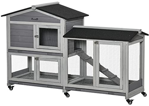 PawHut Gabbia per Conigli da Esterno con 6 Ruote, Porte Multiple, Conigliera in Legno di Abete con Rampa, Casetta per Conigli e Spazio Aperto Recintato, Grigio