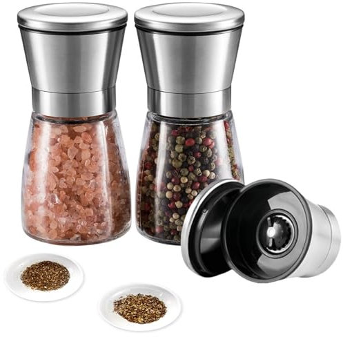Salt and Pepper Grinder Set, Refillable and Adjustable Coarseness Manual Pepper Mill, Professional Grinder for Spices and Seeds, Fits in Home, Kitchen, Outdoor (2 Packs)