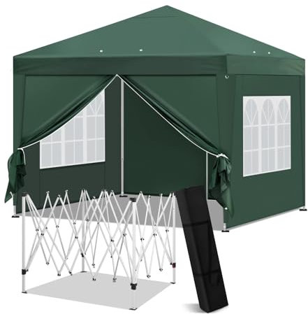 SLAHAJ Carport Tente de Garage Tonnelle Pliable 3 x 3 m, imperméable, résistante à l'hiver, Stable, Barbecue, avec parois latérales, fenêtre et Sac Abris de Voiture(Green)