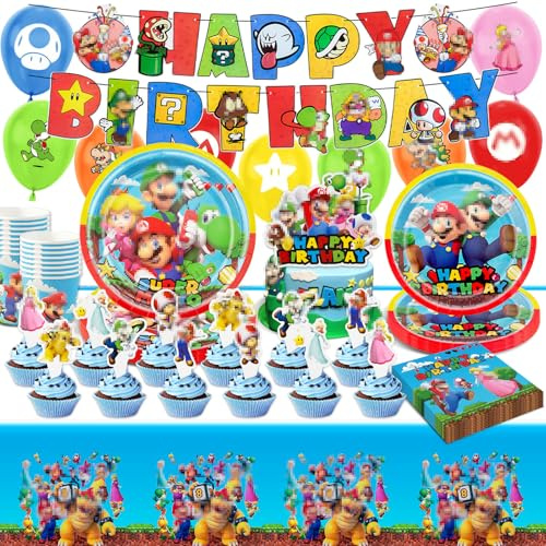 Geburtstag Ballon Partygeschirr Deko Kinder- Bros Ballons Pappteller Tischdecke Banner Tortendeko Cake Topper Kindergeburtstag Junge Mädchen Birthday Party Tableware Supplies Teller Servietten Tassen