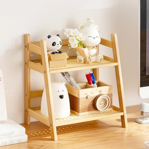 LOMUG Tischregal Mehrzweck Regal Klein, Tassenregal, Pflanzenregal Holz für Sukkulenten, Küchenrega Stehendl, Bambus Nachahmung Rattanweberei Küchenorganizer, Protokollfarbe, 36,5 х 18 х 28,5 cm