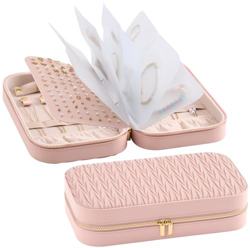 Lolalet Organizador de Joyas de Viaje, Estuche de Almacenaje de Joyería con Bolsillo, Pendientes Collares Pulseras Anillos Bolsa de Guarda con Cremallera para Mujeres -Rosa