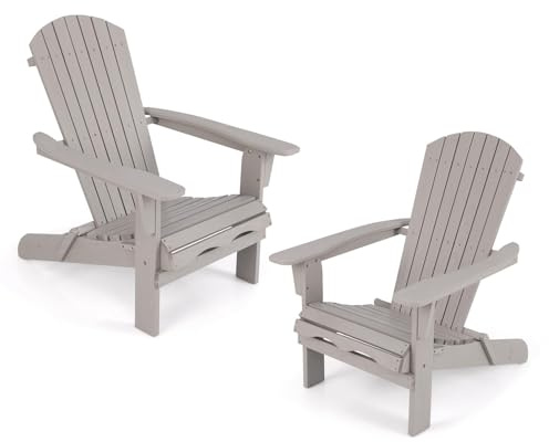 FANTASK 2er Set Adirondack-Stuhl von 51 x 46 cm, Gartensessel mit hoher Rückenlehne & Breiten Armlehnen, Chair aus Holz für Garten, Grau