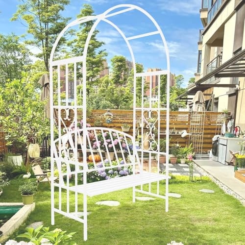 QYANPEN Gartenlaube mit Bank, weiß-Schwarze Gartenbogenbank, Metallbogenspalier mit 2-Personen-Sitz, Sitzbogen für den Außenbereich, Stütze für Kletterpflanzen, Höhe 206 cm x Breite 114 cm (weiß)