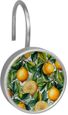 12 ganci rotondi decorativi per tenda da doccia, senza cuciture, motivo ad acquerello e limone, antiruggine, anelli per tende da bagno per aste da doccia e fodera
