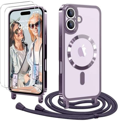 Ethanger für iPhone 17 Hülle mit Band + 2 Schutzfolie, Lila | Handyband Transparent Silikon Handyhülle, Magnetische Schutzhülle Case zum Umhängen Kordel