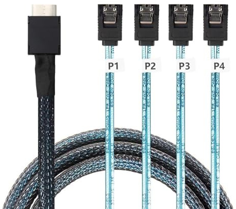 AoQhir OCuLink Câble serveur PCIe SAS SFF-8611 4i vers 4X SATA 7P — Câble de connexion interne plat à plat haut débit 12 Gbit/s 32 AWG, bleu (1 m)