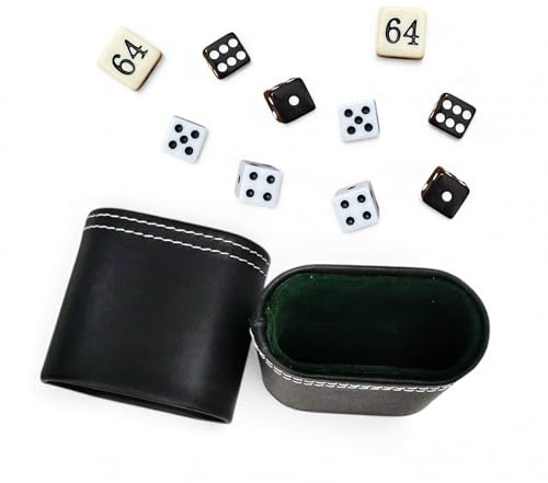 DELALO Backgammon Würfel-Set (5-teilig) mit Dopplerwürfel 16 mm + 4 Spielwürfeln 12 mm – inkl. Würfelbecher aus schwarzem PU-Leder mit grünem Filz – geeignet für Tavla/Tavli/Nardi (2er Set)