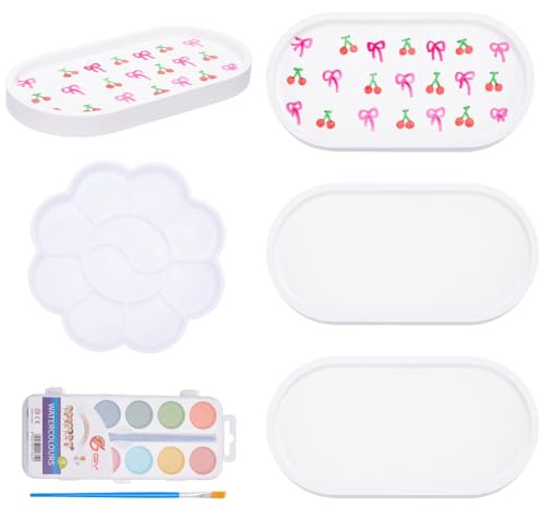 WEBEEDY 2 Sets Oval Ceramic Plates Painting kit Paint Your Own Ceramics Jewelry Dish Tray, Paintable Porcelain Plates Ready to Paint Art and Craft Kit for Home Decor, Ring Dish, Creative Gift