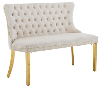 Shenyon Beige Samt-Esszimmerbank mit Rückenlehne, goldene Edelstahlbeine