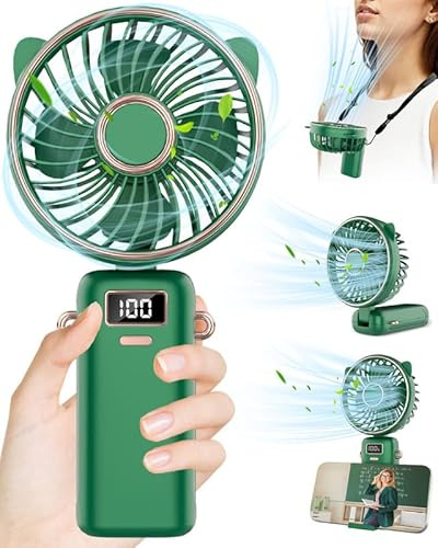 Kouric Hand Held Fans Rechargeable USB with Phone Stand,3-in-1 Desk/Neck/Hand Fan with LED Display, Pocket Personal Fan with Scent Flakes&Lanyard,Best Gift for Mother's Day,Father's Day,Birthday,Green