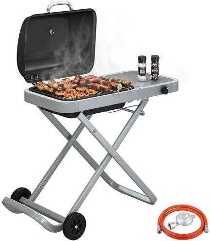 Outsunny Barbacoa de Gas Plegable, BBQ Gas con Quemador 2,5 kW, Barbacoa Portátil con Termómetro, Mesa Lateral, Parrilla de Hierro Fundido, Recogedor Grasa y 2 Ruedas para Jardín, Camping, Negro