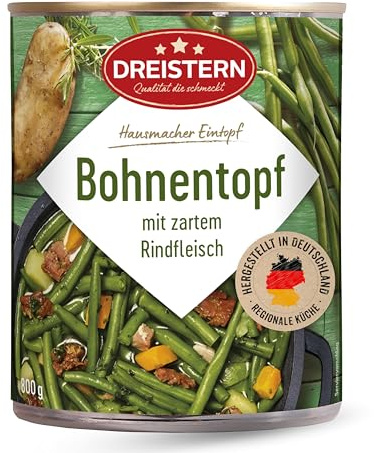 DREISTERN Bohnentopf 800g I Mit zartem Rindfleisch & Gemüse I Herzhafter Eintopf in recyclebarer Konservendose I Lange Haltbarkeit dank natürlicher Konservierung I Hausmacher Qualität