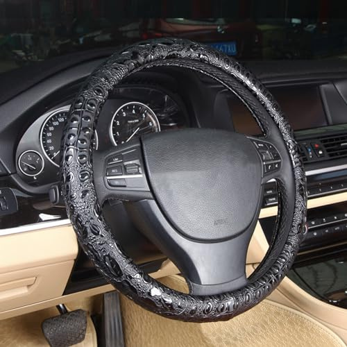 Follicomfy Comfort Leather Auto Car Steering Wheel Cover,Grip Anti Slip 15 Inch,Black Crocodile with Rose Grain