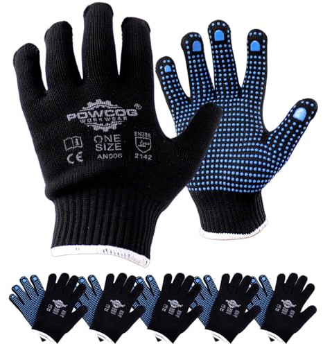 POWCOG Grip Gloves, Seamless Lightweight Black Washable 10-Gauge Nylon with Blue PVC Gripper Dots for Gardening, Work, Warehouse, Shelf Filling, One Size Fits All