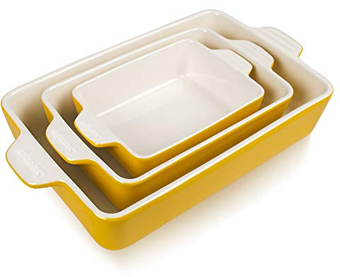 Sweejar Ceramic Bakeware Set, Rectangular Baking Dish for Oven Lasagna Pans for Cooking, Kitchen, Cake Dinner, Banquet and Daily Use, 11.8 x 7.8 x 2.76 Inches of Casserole Dishes (Yellow)