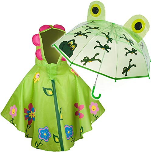 alles-meine.de GmbH 2 TLG. Set: 3D Effekt - Regenschirm + Regenponcho - lustiger Frosch & Blume - Kinderschirm - Ø 77 cm - Regencape - Kinder - 2 bis 6 Jahre - Stockschirm - durc..
