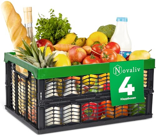 Novaliv Klappboxen faltbar stabil 4x 30L Grün Schwarz baskets Einkaufskiste Klappkisten Set Tragebox Aufbewahrung Einkaufskörbe Körbe Aufbewahrung Küche