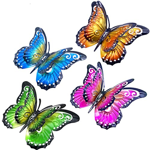 Daogtc 4 Stück Metall Schmetterling Wandkunst Dekor - 16,5 cm Doppelflügel Schmetterlinge Wandbehang Dekoration für Innen- und Außenbereich