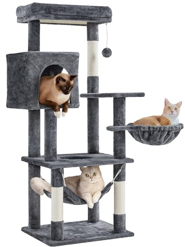 Yaheetech 130.5 cm Cat Tree with Large Top Perch, Dark Grey | Cat Tower, Climbing Play Center, Large Condo, Scratching Posts, Basket/Hammock