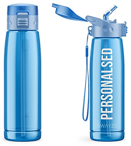 Swayze Personalised Water Bottle With Straw 660ml, School Water Bottles Boys Girls, Gym Bottle Bpa Free Cycling Sports Add Your Custom Text To Bottle (Blue)
