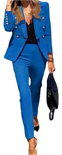 Tailleur Femme 2 Pièces Elegant Slim Fit Blazer Veste Formel Bureau Travail Pantalon Costumes (Couleur Bleu, S)