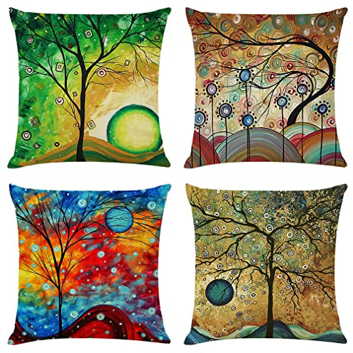 NIULAA Abstrakt Bäume Kunst Kissenbezug 50x50 4er Set Leinen | Bunte Sofakissen Deko Sofa Wohnzimmer Schlafzimmer,Outdoor kissen mit Reißverschluss,waschbar kissenhülle dekokisse
