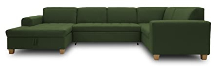 DOMO. collection Wohnlandschaft Sugar, Steppung & U-Form, grün | Longchair links, großzügige Wohnlandschaft mit klassischem Design und eleganter Steppung, 162 x 333 x 199 cm (BxTxH)