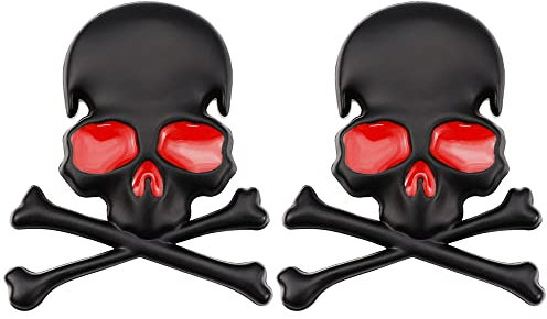 2 Stück 3D Schädel Zink Legierung Metall Auto Aufkleber Schädel Emblem Abzeichen Auto Styling Aufkleber Zubehör für Auto Motorrad (schwarz-rot)