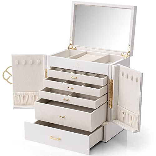 Vlando Große Schmuckschatulle, 6 Etagen, Schmuckkästchen und Organizer, Spiegel-Schmuck-Aufbewahrungsbox mit 5 Schubladen, Kunstleder, Uhren, Ohrringe, Halsketten, Ringe, Armbänder, Geschenke, für