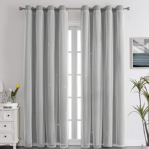 Nyescasa Verdunklungs Vorhänge mit Höhlen mit Voile 2er Set 270x150cm Grau | Kinderzimmer Vorhang Doppellagige Gardienen Sterne mit Voile Ösenschal für Wohnzimmer Schlafzimmer Mädchen Dekoschal