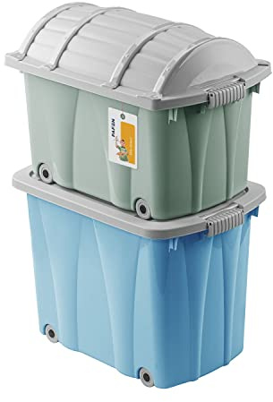 PAFEN Piraten Spielzeugkisten SET – 2x Schatzkiste 49l + 62l mit Rollen - Spielzeugbehälter Aufbewahrungsbox für Kinder Ordnungsbox, Blau/Grün