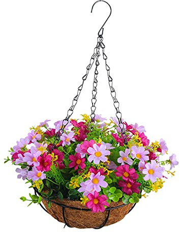 Baoblaze Hanging Artificial Daisy Flowers Basket, Fake Hanging Plant, Coconut Lining Chain Flowerpot Plant Hanger for Lawn Balcony Patio Outdoor Indoor, red and pink, 28cmx44cm